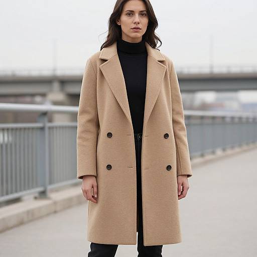 Photograph of a woman with long dark hair, wearing a beige double-breasted coat, black turtleneck, and black pants, standing on a