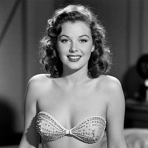 Black-and-white photograph of 1940s-style woman with curly hair, smiling, wearing a beaded strapless bra, illuminated from front.
