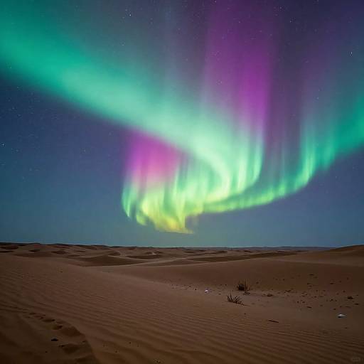 Photograph of vibrant Northern Lights over a desert landscape with sand dunes, illuminated by green, purple, and yellow aurora against a starry night