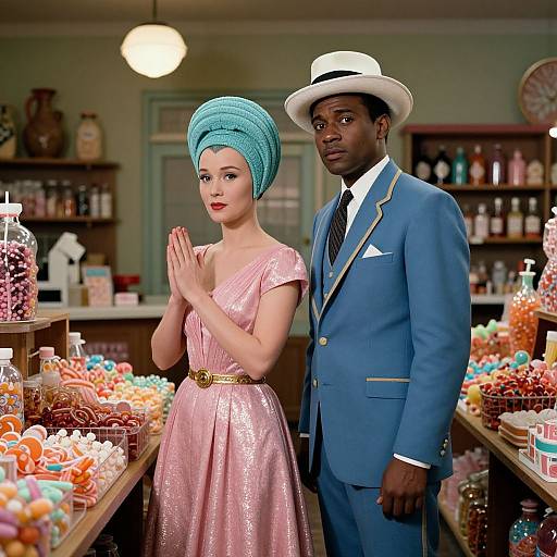 Photograph-style CGI of a fair-skinned woman in a pink shimmery dress and blue turban, and a Black man in a blue suit