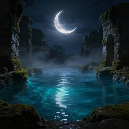 Mystical Liminal Pool Under Crescent Moon