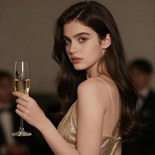 Elegant woman in gold dress with champagne glass