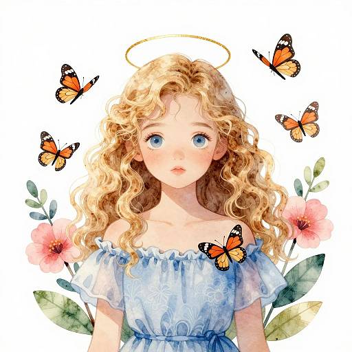 Whimsical Watercolor Girl Surrounded by Nature