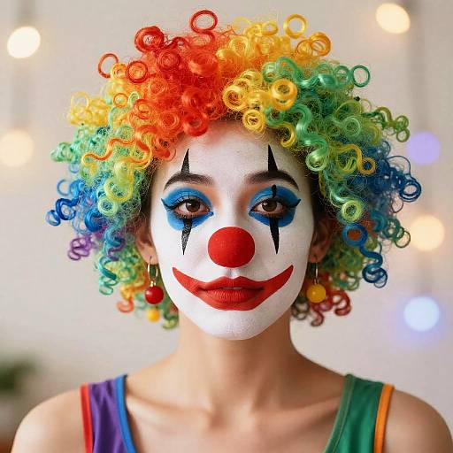 Photograph of a person with white face paint, red nose, blue eye makeup, black star-like marks, rainbow curly hair, and colorful earrings,
