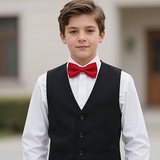 Photograph of a young boy with brown hair, wearing a white shirt, black vest, and red bow tie, standing outdoors. Blurred white building