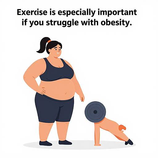 Digital cartoon of plus-sized woman in black sports bra and shorts, standing next to a person doing a weighted squat. Text above reads, 