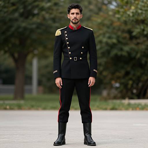 Photograph of a dark-haired, bearded man in a black military uniform with red accents, standing confidently outdoors on a paved path.