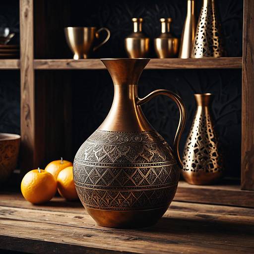 Elegant Bronze Engraved Carafe on Wooden Shelf