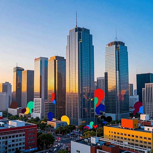 Photograph of a cityscape at sunset featuring tall, reflective skyscrapers with colorful, abstract circular overlays superimposed on the buildings and foreground.