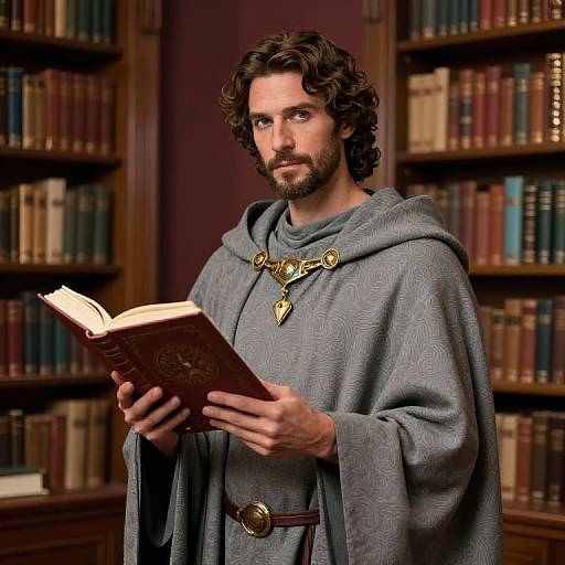 Photograph of a bearded, curly-haired man in a grey patterned robe, reading an ornate book in a library with wooden bookshelves