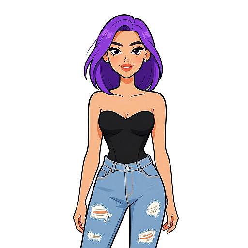 Digital anime-style drawing of a confident woman with purple hair, black strapless top, and ripped blue jeans, standing against a white background.