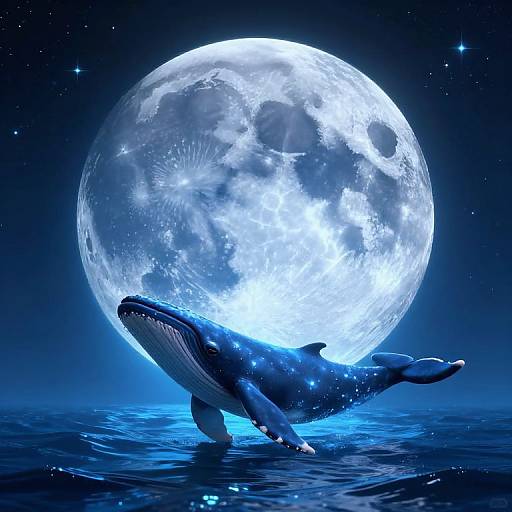 Digital art: A glowing, detailed full moon dominates a starry night sky, illuminating a majestic, blue-hued whale leaping out of the