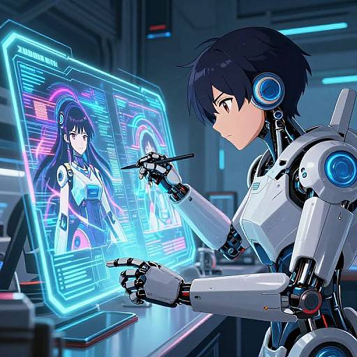 Digital anime-style artwork of a black-haired, cybernetic female operator in a white suit, controlling glowing blue holographic screens with a futuristic interface in