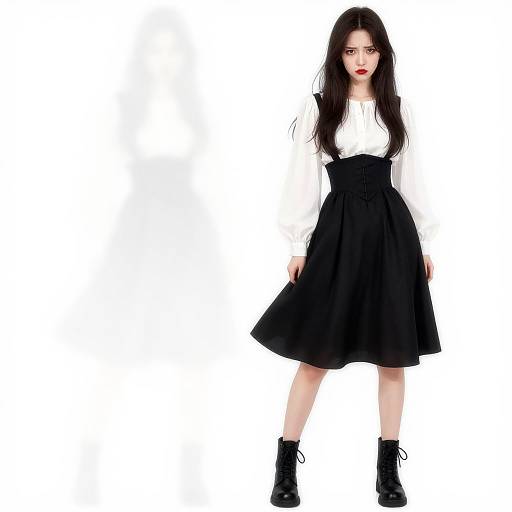 Photograph of a pale-skinned, dark-haired woman in a white long-sleeve top, black high-waisted skirt, and black ankle