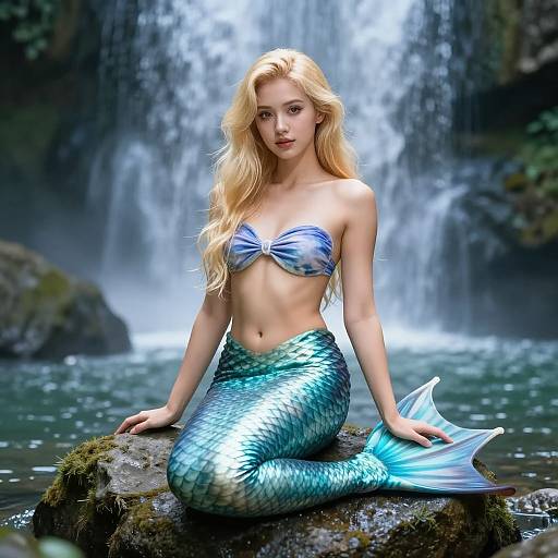 Digital art of a beautiful blonde mermaid with a shiny blue-green tail and silver shell top, sitting on a mossy rock in front of a casc