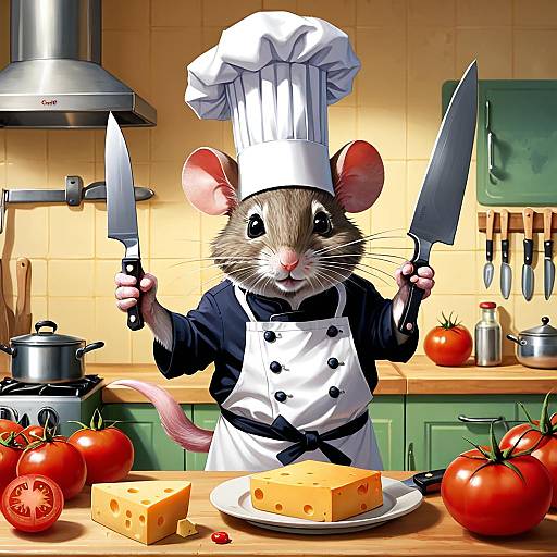 Mouse Chef Holding Knives in Kitchen