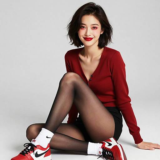 Smiling Woman in Red Cardigan and Black Pantyhose