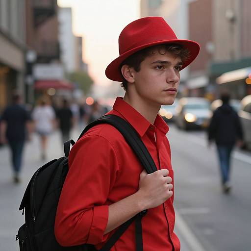 Young man in red shirt and hat, carrying black backpack, walks urban street at sunset; blurred pedestrians and buildings in background.