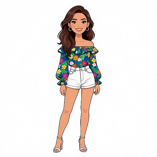Digital illustration of a smiling woman with long brown hair, wearing a colorful floral off-shoulder top, white high-waisted shorts, and white