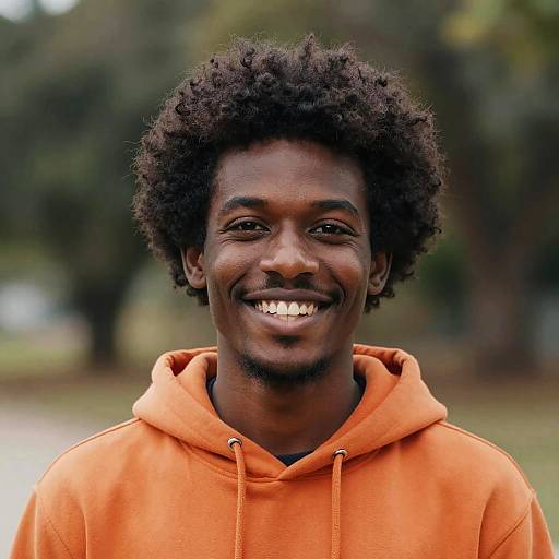 Smiling Dark-Skinned Man in Orange Hoodie