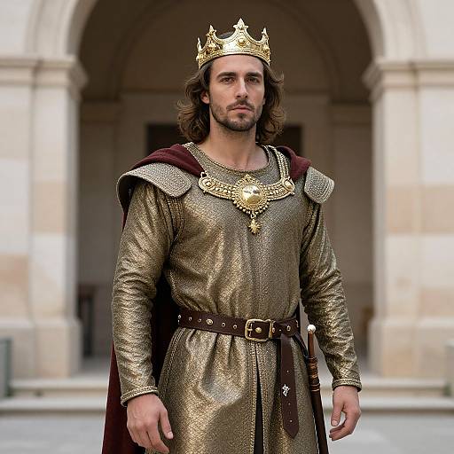Photograph of a bearded man with long brown hair, wearing a gold crown, metallic gold tunic, red cape, and ornate necklace,