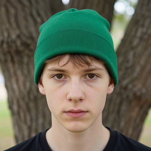 Photograph of a young white boy with brown eyes, wearing a green beanie and black shirt, standing in front of a tree.