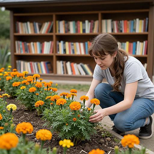 Photograph of a young woman with brown hair in a ponytail, wearing a white shirt and blue jeans, kneeling to tend vibrant orange marigolds