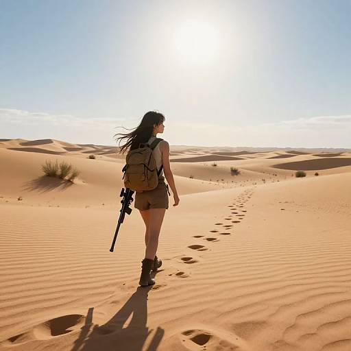 Photograph of a woman with long black hair, wearing a tank top, shorts, and backpack, walking through a sunlit desert, carrying a rifle