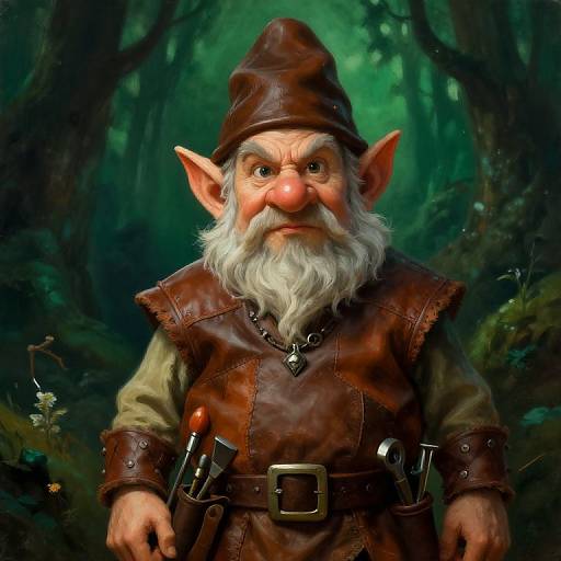 Digital painting of a fierce, elderly, red-nosed, white-bearded elf with pointed ears, wearing a brown leather hat and vest, set in
