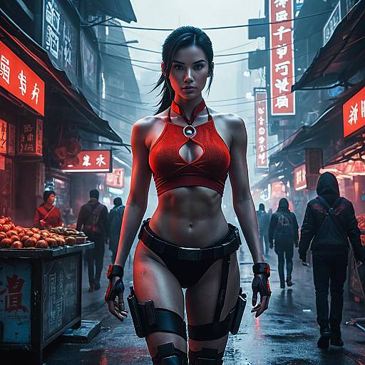 Futuristic Female Assassin in Dystopian Market