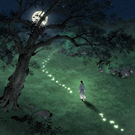 Digital illustration of a lone figure in white, walking through a moonlit, grassy cemetery illuminated by glowing lanterns, with a silhouetted