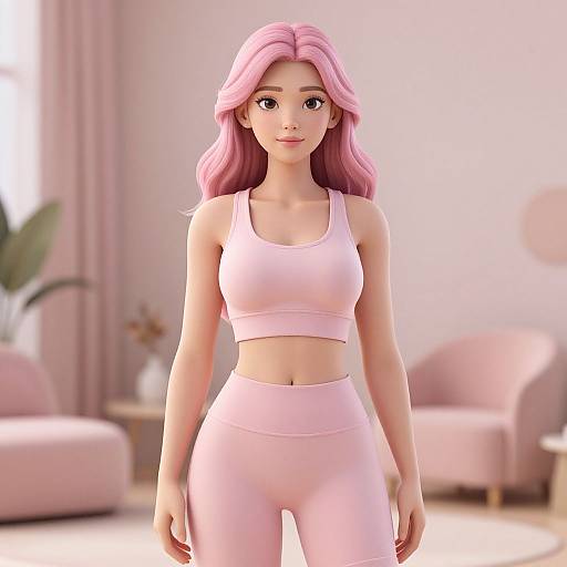 Digital 3D rendering of a young woman with pink hair, wearing a pink sports bra and high-waisted leggings, standing in a pastel