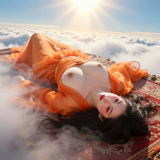 Photorealistic digital artwork: Asian woman with long black hair, exposed breasts, orange robe, lying on ornate rug, surrounded by clouds, sun
