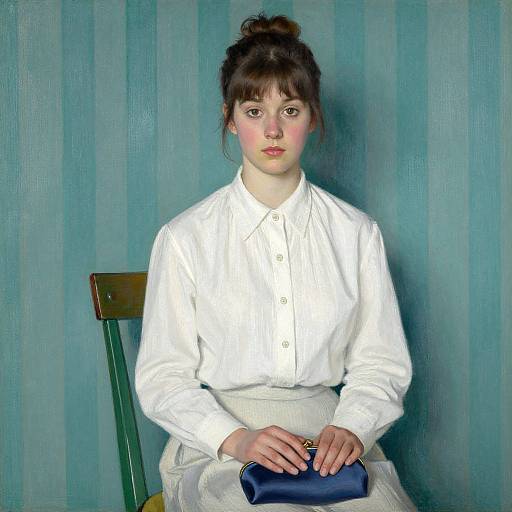 Photograph of a young woman with fair skin, dark hair in a bun, wearing a white button-up shirt and white skirt, seated on a green