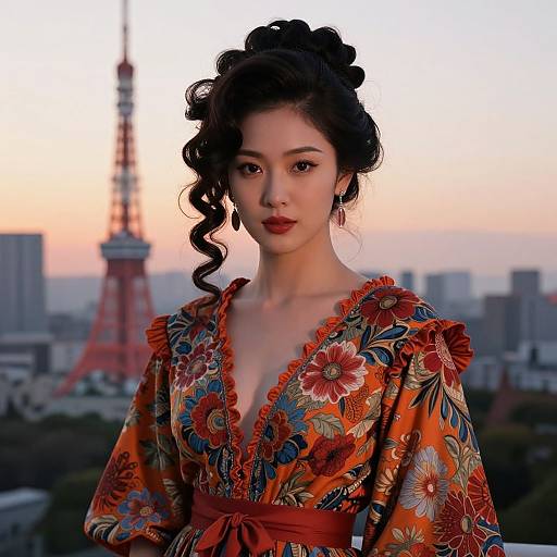 Photograph of an East Asian woman with black, curly hair in a floral orange kimono, set against a cityscape with the Tokyo Tower at sunset