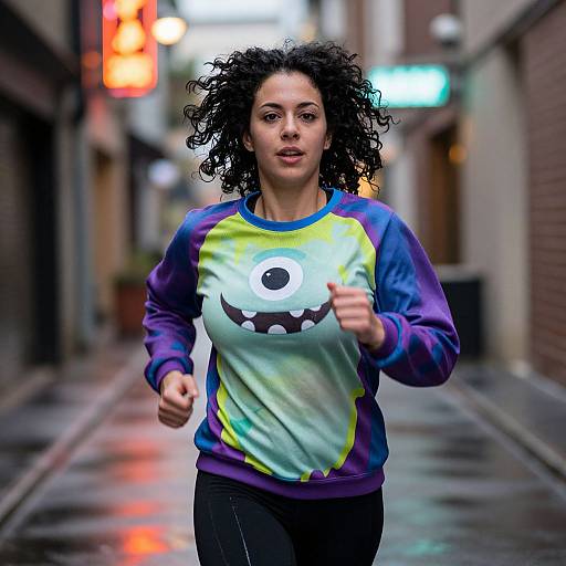 Photograph of a curly-haired woman running in a rainy urban alley at night, wearing a colorful long-sleeve shirt with a smiling eye graphic,