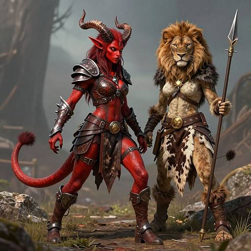 Digital fantasy artwork of a red demon warrior with horns and armor standing beside a lion-man in fur and leather, holding a spear in a misty forest