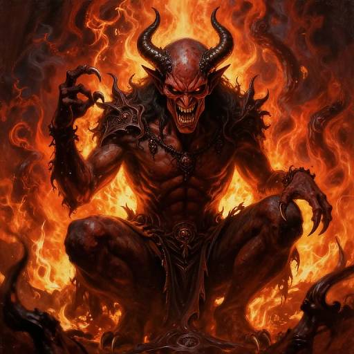 Digital artwork of a demonic figure with red skin, horns, and sharp teeth, crouching amidst fiery flames, displaying a menacing, clawed hand