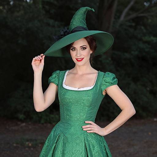 Photograph of a fair-skinned woman with red lipstick, wearing a green, intricately patterned dress and matching witch hat, standing outdoors against a