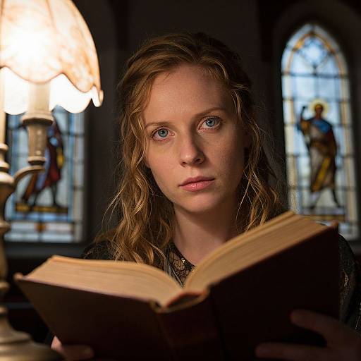 Photograph of a young woman with wavy blonde hair, blue eyes, and fair skin, intently reading a book in a dimly lit,