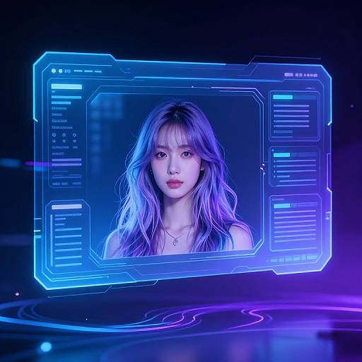 Digital art of a glowing blue hologram displaying a young Asian woman with long, wavy purple hair, against a dark, neon-lit background.