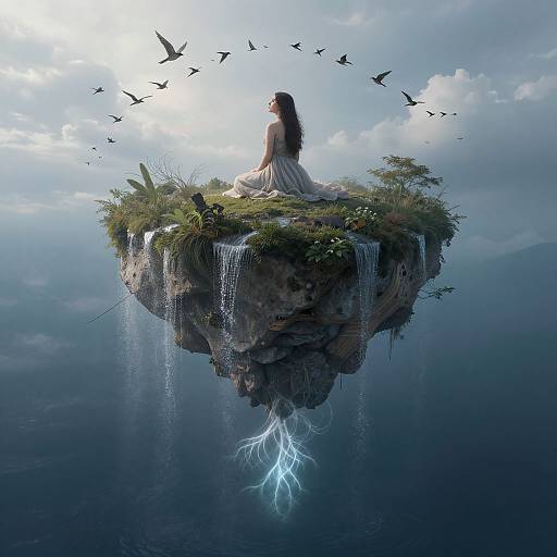 Digital artwork: Long-haired woman in flowing white dress sits on floating, grassy rock island above dark water, surrounded by birds, with glowing roots below