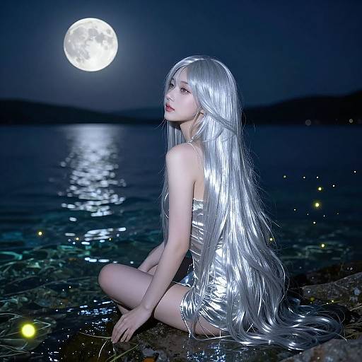 Silver-Haired Beauty by Moonlit Lake
