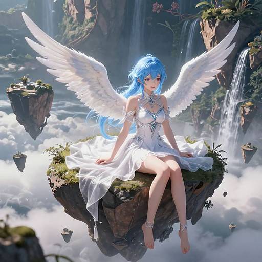 Digital anime-style artwork: Blue-haired angel with white wings, wearing a white, translucent dress, sitting on a floating rock amidst a misty, waterfall