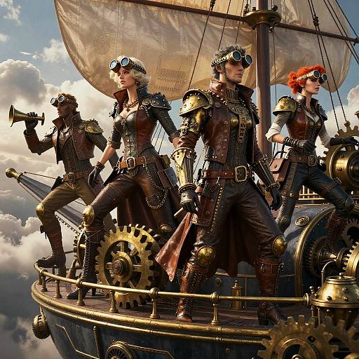 Steampunk pirates on a ship's deck, wearing goggles and leather armor, with gears and sails, against a cloudy sky. Digital art.