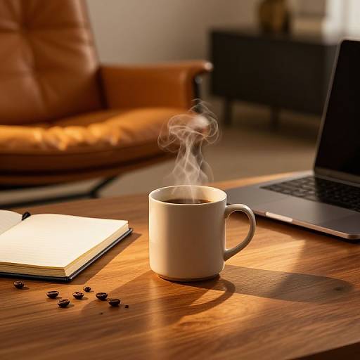 Photograph of a white mug with steaming coffee on a wooden table, beside an open book, scattered coffee beans, and a laptop, with a