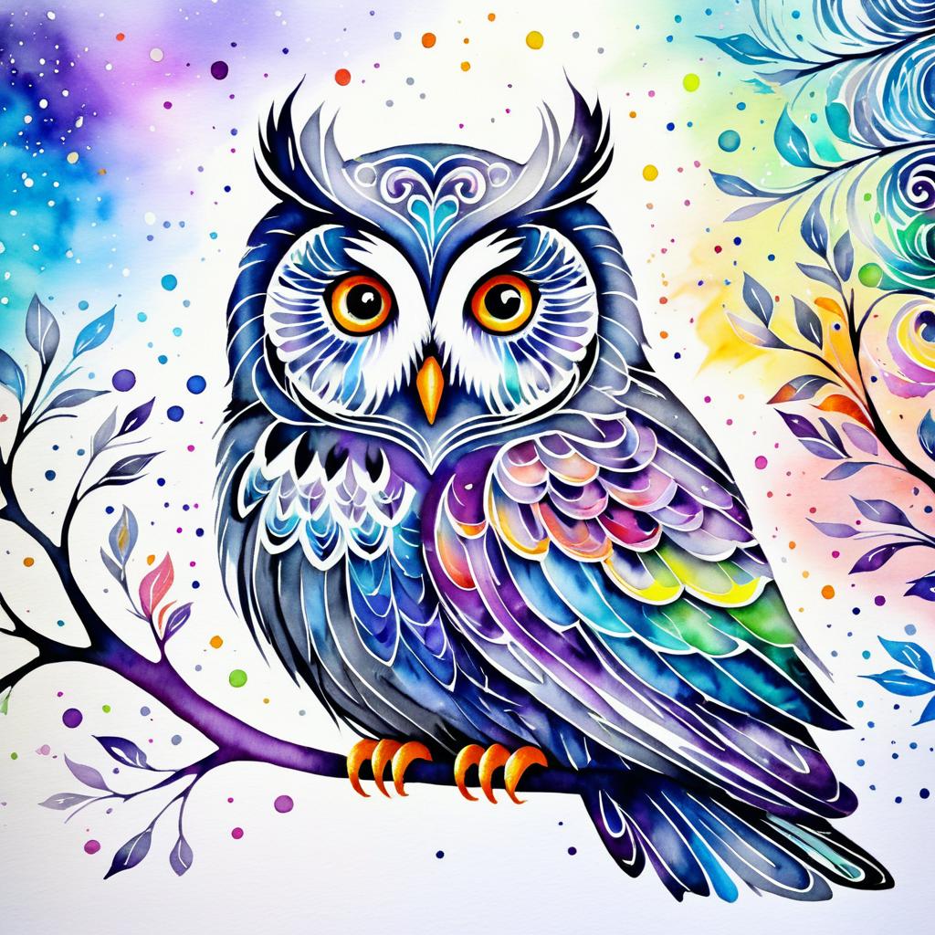 Dreamy Grey Owl in Vibrant Watercolour