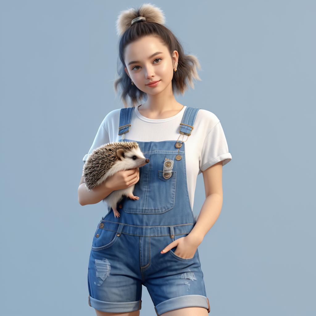 Charming Woman with Hedgehog in Overalls