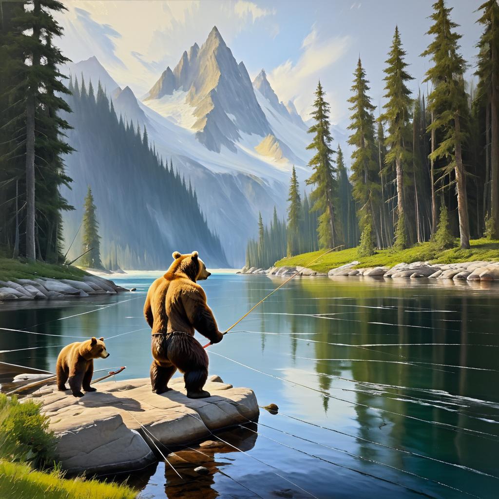 Fierce Bear and Fisherman in Oil Painting