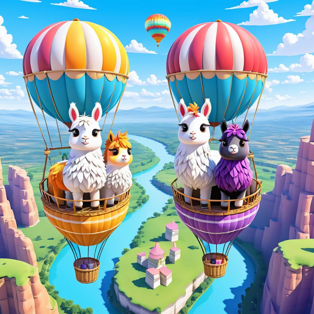 Whimsical Llamas in a Floating Balloon